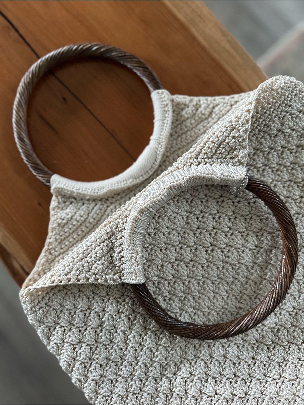 The Sak Cream Crochet Ring-Handle Tote with Brown Wooden Handles - Picture 6 of 9